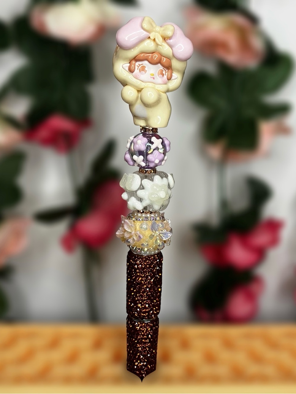Yooki Kawaii Cream & Pastel Purple Handmade Beaded Pen with Rhinestone Barrel